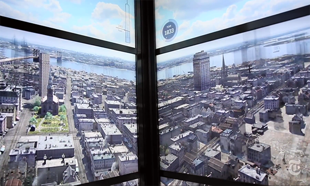世界贸易中心一号大楼电梯呈现纽约 500 年市景全景影像